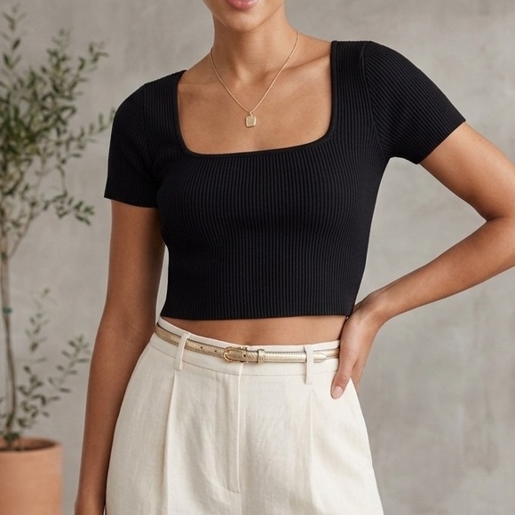 Babaton Tops - Babaton Square Neck Black Ribbed Shirt NWT